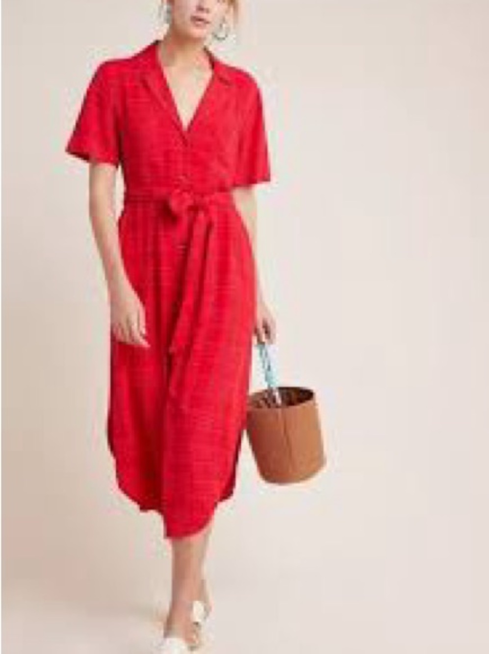 Anthropologie Maeve Aria Textured Red Midi Shirt Dress S